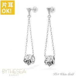ハワイアンジュエリー ゴールド ピアス ホワイトゴールド ピアス 透かしバレル ミル打ち チェーン プルメリア ハイビスカス ミルグレイン 揺れる 片耳(1個)購入可 K14 シリコンキャッチ 20G ゲージ BY THE SEA バイザシー プレゼント 敬老の日 【品番：GE312W】