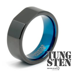 タングステン 印台 デザイン 幅8mm メタリック ブルー ブラック 黒 スタンプリング 金属アレルギー対応 ごつめ 指輪