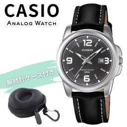カシオ 腕時計 レディース レザー ブラック グレー アナログ 50m防水 日付表示 CASIO 海外モデル プレゼント ギフト 収納ケース付き 成人 卒業 入学