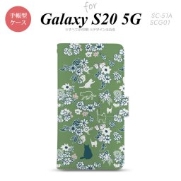 SC-51A SCG01 Galaxy S20 5G 手帳型 スマホケース 全面印刷 おしゃれ ストラップホール 内側にカードポケット付き 猫 花 緑 nk-004s-s20-dr1724