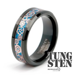 タングステン ギアデザイン 幅8mm メタリック ブラック ブルー カーボン デザイン ピンク 歯車 エッジカットリング フラットバンド 平打 金属アレルギー対応 ごつめ 指輪