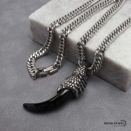 ステンレス ウルフファングネックレス シルバー ダブル喜平チェーンネックレス 幅6mm 長さ50cm 60cm 龍 オニキス クロウ 中折式 メンズ 男性 お洒落 人気 トレンド 流行り 金属アレルギー対応 ペンダント