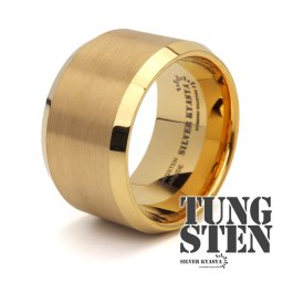 タングステン 幅広リング 太幅 14mm メンズ ワイドリング 指輪 ゴールド 18K IP つや消し ヘアライン マット ごつめ オリジナル 男性 金属アレルギー対応