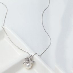ネックレス キュービックジルコニア イミテーションパール 真鍮 ホワイト シルバー 小豆 アズキチェーン カニカン 大粒 40+5cm 上品 モチーフ 木の実 n16062318