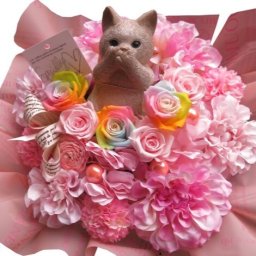 猫 フィギュア 花束風ギフト 枯れない レインボーローズ プリザーブドフラワー入りギフト ケース付き キャンディカラー 