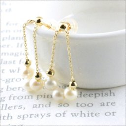 ロングピアス 10金 ピアス パール イエローゴールドk10 K10 10K ゴールド チェーン 華奢 ミラーボール シンプル 淡水パール 真珠 クリスマス