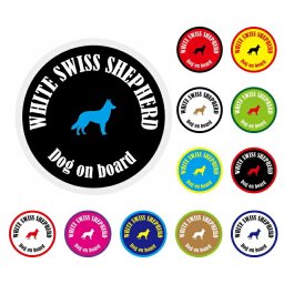 名入れ可 セーフティサイン ステッカー カラフル Dog on board WHITE SWISS SHEPHERD ホワイトスイスシェパード 全12色 直径13cm あおり運転 対策 カーステッカー シール 自動車用 屋外 屋内 防水 安全対策 カーサイン