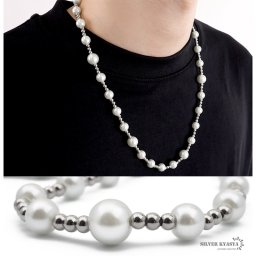 ネックレス メンズ パールネックレス ボールチェーン ストリート silver 銀色 ステンレス 金属アレルギー対応 シンプル 父の日 男性