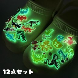 恐竜 シューズアクセサリー 12個セット 夜光タイプ シューズチャーム クロッグサンダル用 洞洞鞋扣 ジビッツ風 蓄光 キッズ かわいい 靴アクセサリー DIY