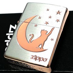 ZIPPO ライター 月とネコ 可愛い シルバーサテン ピンクゴールド ジッポ ロゴ 猫 星 かわいい レディース ねこ 女性 彫刻 シンプル おしゃれ ギフト プレゼント 動画あり