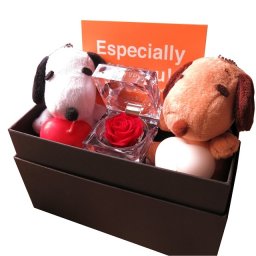 スヌーピー入り 花束風 フラワーギフト 箱を開けてサプライズ スヌーピー入り 横長ボックス プリザーブドフラワー入り ◆スヌーピーカラーはお任せとなります