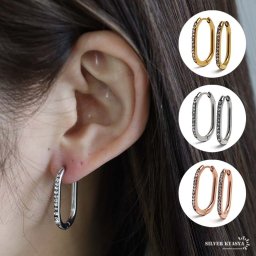 ステンレス フープピアス オーバルピアス 3色 ゴールド シルバー ローズゴールド ストーン 楕円 シンプル メタル 両耳用2点 女性 レディース プチプラ 金属アレルギー対応 イヤリング