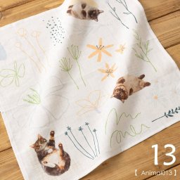 大きめリネン100％ハンカチ キャット＆ドッグ 43×43cm 13.Animal013