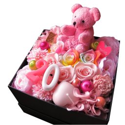 くまちゃん入り 花束風 箱を開けてサプライズ ボックス レインボーローズ プリザーブドフラワー入り ご希望数字入り