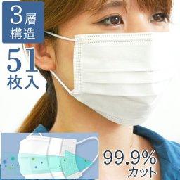 マスク 不織布 ホワイト 50枚 ＋1枚 使い捨て 1箱51枚 大人用 シンプル おしゃれ 無地 レディース メンズ 女性 男性 花粉 風邪 ウイルス ホコリ 対策 不織布マスク 17枚ずつ個包装 (rt-mask051wh)【送料無料】【有料ギフトラッピング対象品】