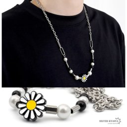 ネックレス メンズ パールネックレス ボールチェーン 菊 ストリート silver 銀色 ステンレス 金属アレルギー対応 シンプル 父の日 男性