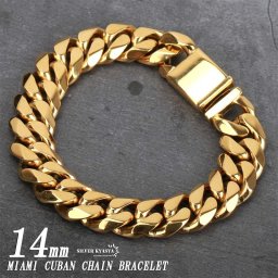 幅14mm 6面カット 喜平ブレスレット ステンレス 金 差し込み式 喜平チェーンブレスレット マイアミキューバンリンク 父の日