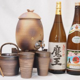 信楽焼・明山窯　焼酎サーバー　火色金小紋　2200ｃｃ(滋賀県)+萬古焼・備前金彩焼酎ペアカップ 氷入れ(三重県)+芋焼酎 伊佐美 魔王 1800ml