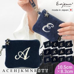 人気商品 日本製 選べるイニシャル ミニストラップポーチ ネイビー イニシャル刺繍 送料無料 小さめ Enjeau ギフトラッピング対応可  ※ネコポス便発送