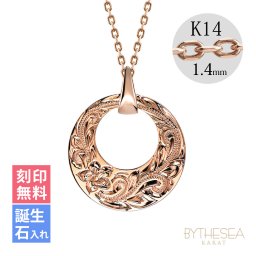 ゴールド ネックレス ハワイアンジュエリー ネックレス ピンクゴールド ネックレス 刻印 無料 誕生石入れ可 フルムーン ラウンド 14K K14 14k k14カットあずきチェーン太1.4mm ギフトラッピング可能 メンズ レディース 夏 サマー 【品番：CG-GP120R-CH1020】