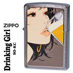 【名入れ】【送料無料】 ZIPPO ジッポーライター ガール柄 Drinking Girl ドリンキング ガール ブラッシュクローム イラスト プリントメタル貼り SO-KC オイルライター お酒 ビール アルコール オシャレ かわいい 女性柄 [zSO-KC]