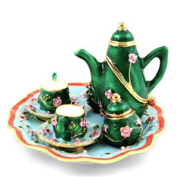 【トリンケットボックス】spot of tea,ティーセットがモチーフの小物入れ、掌サイズの小さなインテリアオブジェ、小さなジュエリーボックス、クリスタルを使用したキラキラの置物