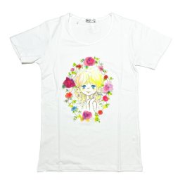 水森亜土 お花の少女柄 プリント半袖Tシャツ(L) ホワイト アパレル