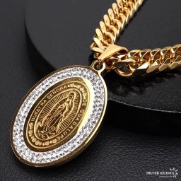 ステンレス マリアネックレス コインネックレス ゴールド 18KGP 50cm 60cm ダブル喜平チェーン 聖母マリア 不思議のメダイ ストーン HIPHOP B系 ブリンブリン ストリート系 男性 メンズ 金属アレルギー対応 ペンダント