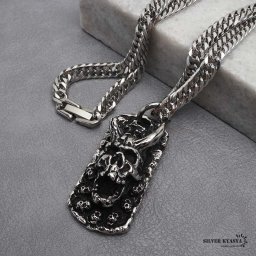 ステンレス ドッグタグネックレス デーモンネックレス シルバー ダブル喜平チェーンネックレス 幅6mm 長さ50cm 60cm ホラー 悪魔 角 中折式 メンズ 男性 お洒落 人気 トレンド 流行り 金属アレルギー対応 ペンダント