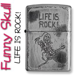 【名入れ】送料無料 zippo ジッポーライターファニースカル(ドクロ 髑髏) LIFE IS ROCK (人生はロックだ！) ユーズド加工 誕生日 ギフト プレゼント [z2UDS-ROCK]