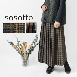 【sosotto ソソット】千鳥柄タータン切替 プリーツスカート (42472317)レディース 春 秋 冬 ロング チェック ウエストゴム ゆったり ナチュラル おしゃれ 大人可愛い きれいめ カジュアル 裏地付き 20代 30代 40代 50代 60代 母の日 クリスマス ギフト プレゼント