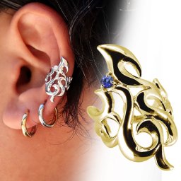 イヤーカフ メンズ 大ぶり かっこいい ゴールド 18金 18k イヤカフ 唐草 片耳用 サファイア 9月誕生石 父の日 2024