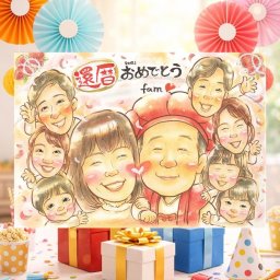 還暦のプレゼントに、ギフトにぴったりの似顔絵です。ラッピング対応で、贈り物として渡しやすい似顔絵です。 似顔絵 還暦 ギフト 贈り物 名入れ プレゼント 手描き 還暦 記念 お祝い 誕生日 大人数 おじいちゃん 祖父 祖母 おばあちゃん 名入れ 下書き確認 修正無料 親孝行 宝物 似てる かわいい 傘寿 一生もの 還暦 長寿 家族 バレンタインデー カラフル 応援 メモリアル 傘寿祝い イラスト