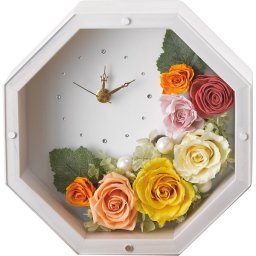 【直送】LOLY アンティークホワイト [26-0241-076] プリザーブドフラワー 木製フレーム 名入れ時計 カザロオクタゴン イエロー バラ パール ギフト