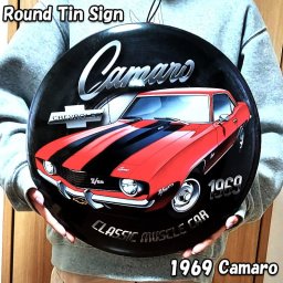 ブリキ看板 車 シボレー カマロ 1969 ラウンドティンサイン 丸型 アメリカン 雑貨 ガレージ アンティーク 壁掛け Chevrolet  Camaro かっこいい メタルサイン おしゃれ  大きい 壁飾り インテリア カフェ バー 店舗