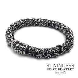 ステンレス スパイラルチェーンブレスレット メンズ スカル ドクロ ごつめ シルバー 骸骨 金属アレルギー対応 父の日 男性
