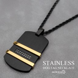ステンレス 高級感 存在感 ゴールドライン ドッグタグネックレス ブラック 黒 プレートネックレス メンズネックレス ペンダント ロープチェーン付き 男性