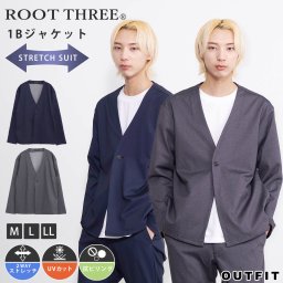 【期間限定セール】ROOT THREE ルートスリー スーツ ジャケット セットアップ可 メンズ ストレッチ 伸縮 衿なし ノーカラー 毛玉が起きにくい UVカット 春 夏 秋 冬  カジュアル ビジネス フォーマル シンプル テレワーク リモートワーク M L LL 大きいサイズギフト outfit 敬老の日 プレゼント ギフト