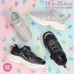 キッズ スニーカー 女の子 ジュニア 3E 幅広 通気性 ゴム紐 軽量 履きやすい マジックテープ 運動会 スポーツ 通学 黒 ブラック Parade 66206