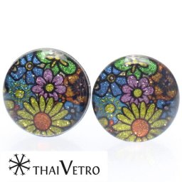 ThaiVetro モダンな和風お花デザイン ブルーのガラス製カフス カフスボタン カフリンクス スーツアクセサリー専門店 誕生日 プレゼント プチギフト おしゃれ カフスマニア