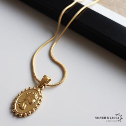 オーバル コインネックレス レディース スネークチェーン アンティーク デザイン 硬貨 ミル打ち 女性 ゴールド 18K GP ステンレス 金属アレルギー対応 ペンダント