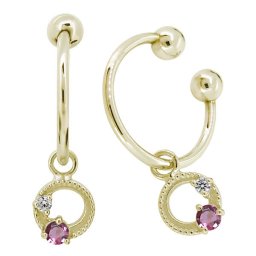 揺れる イヤリング おしゃれ 月 星 フープピアス 18k ノンホール ピンクトルマリン イヤーカフ シンプル