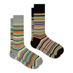 ポールスミス Paul Smith ソックス ストライプ マルチカラー 2足組 セット 靴下 M1A-SOCK-J2PKM 1B メンズ ブラック+グレー