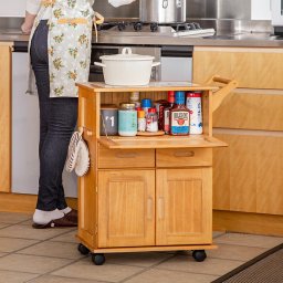 天然木 フラップ式 キッチンワゴン キッチンラック キャスター付き スリムワゴン 炊飯器 キッチン 収納 作業台 ラック 木製 引き出し タイル天板　送料無料