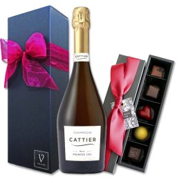 夏ギフト お中元 ワイン ギフト 結婚 御祝 誕生日 ワイン チョコ ギフト 【シャンパーニュ キャティア ブリュット アンティーク プルミエクリュ 750ml】【ショコラ 5個入】ショコラ ボンボンショコラ リボン包装 「ゴマ/ユズ/パッション/タンザニア/メキシック」