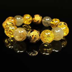 【天然石ギフト】 高級感あふれる［金運］14mm 金彫四神獣 タイガーアイ シトリン 黄水晶クラック ゴールド タイチンルチル ブレスレット 相性抜群 天然石 開運 必勝祈願 お守り 京海堂 SiSin12 誕生日プレゼント 天然石好きへ 無料ラッピング