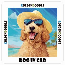 名入れ可 Goldendoodle ゴールデンドゥードル 犬 カーステッカー シール DOG IN CAR 海 麦わら帽子 サングラス 夏 13x13cm 正方形 防水 屋外 屋内 車ステッカーステッカー 車 バイク サインステッカー カーサイン