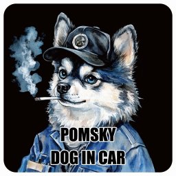 POMSKY ポンスキー DOG IN CAR カーステッカー 犬 作業服 ちょい悪 13x13cm 正方形 防水 屋外 屋内 ドッグオンボード デカール