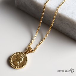 コインネックレス レディース あずきチェーン アンティーク デザイン イギリス エリザベス女王 女性 ゴールド 18K GP ステンレス 金属アレルギー対応 ペンダント