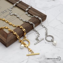 レディースネックレス アンカーチェーン パール ステンレス IPメッキ 18k 金メッキ マンテル シルバー ゴールド silver gold ハンドメイド オリジナル 金属アレルギー対応 女性